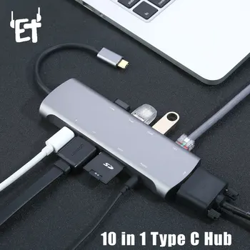 

ET USB C Hub Adapter 9 Ports for MacBook MateBook Type C to USB3.0*3+TF/SD+HDMI+VAG+PD+LAN+Audio Hole 10 in 1 Docking Station