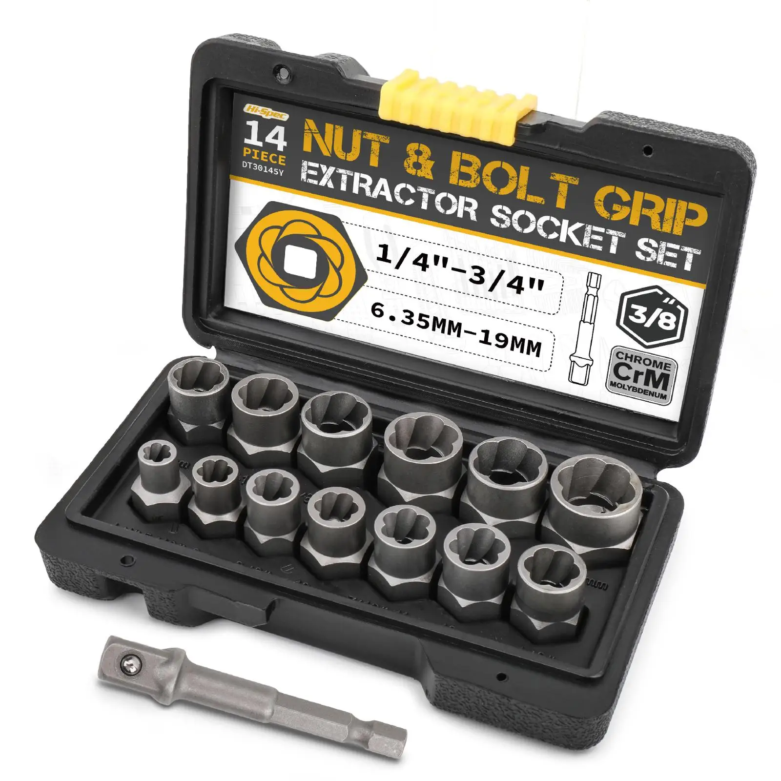 Hi-Spec 14pc Damaged Bolt Extractor Cr-Mo Steel Nut Screw Remover Threading Socket Tool  Hand Tool Kit 6.35 -19m in Tool Box