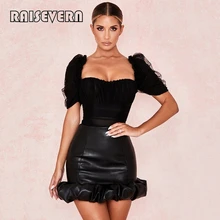 PU Leather Women Bud Skirt Ruffled High Waist Female Mini Skirt Streetwear Elegant Lady Hips Club Wear Ladies Short Skirt