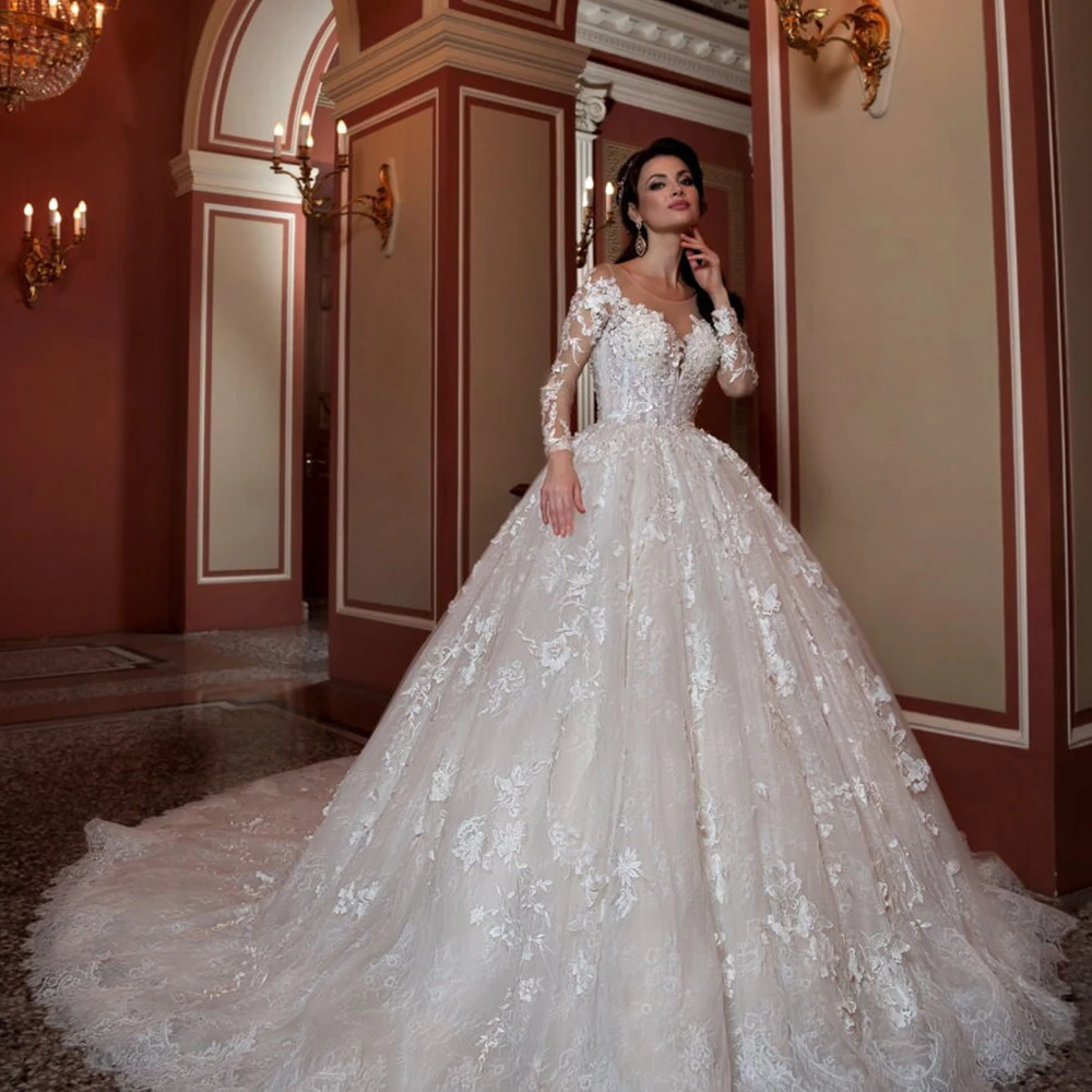 2019 великолепное бальное платье свадебное платье Vestidos Novias Boda с длинным рукавом и отделкой из бус расшитые блестками аппликации кружева