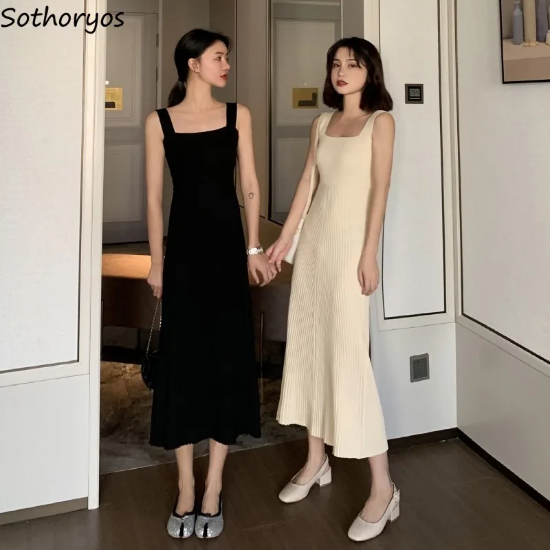Women Sleeveless Dress Mid-calf Knitted Square-collar Elegant Office Lady Slim Spaghetti Strap Solid Simple Womens Ulzzang Thin | Женская