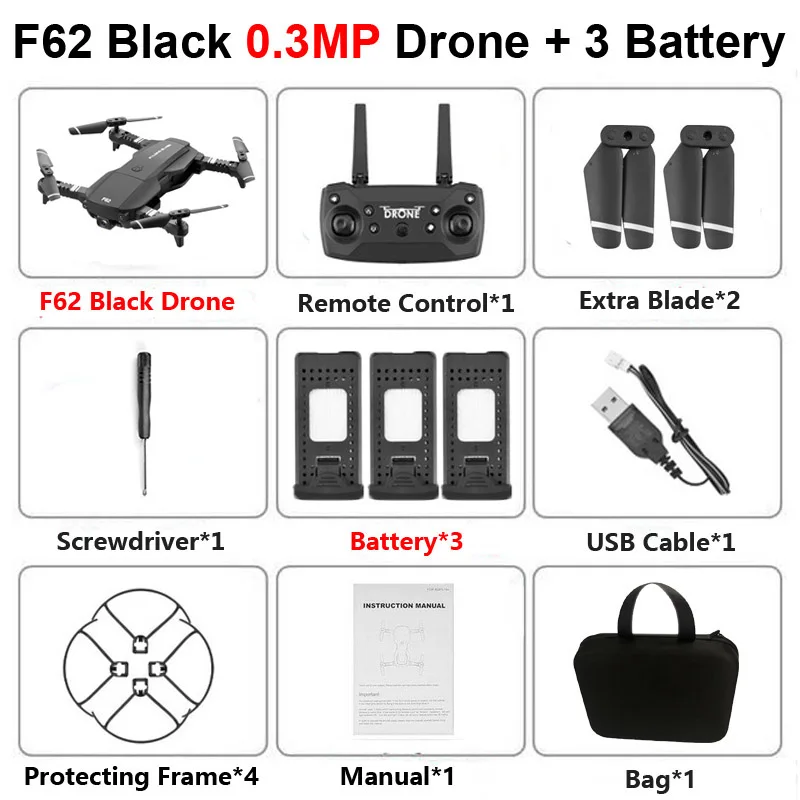 F62 B 0.3MP 3B Bag F62 Foldable Profissional Drone with 4K HD Dual Camera WiFi FPV Optical Flow Wide Angle RC Helicopter Quadrocopter Toy SG106 E58 - Цвет: F62 B 0.3MP 3B Bag