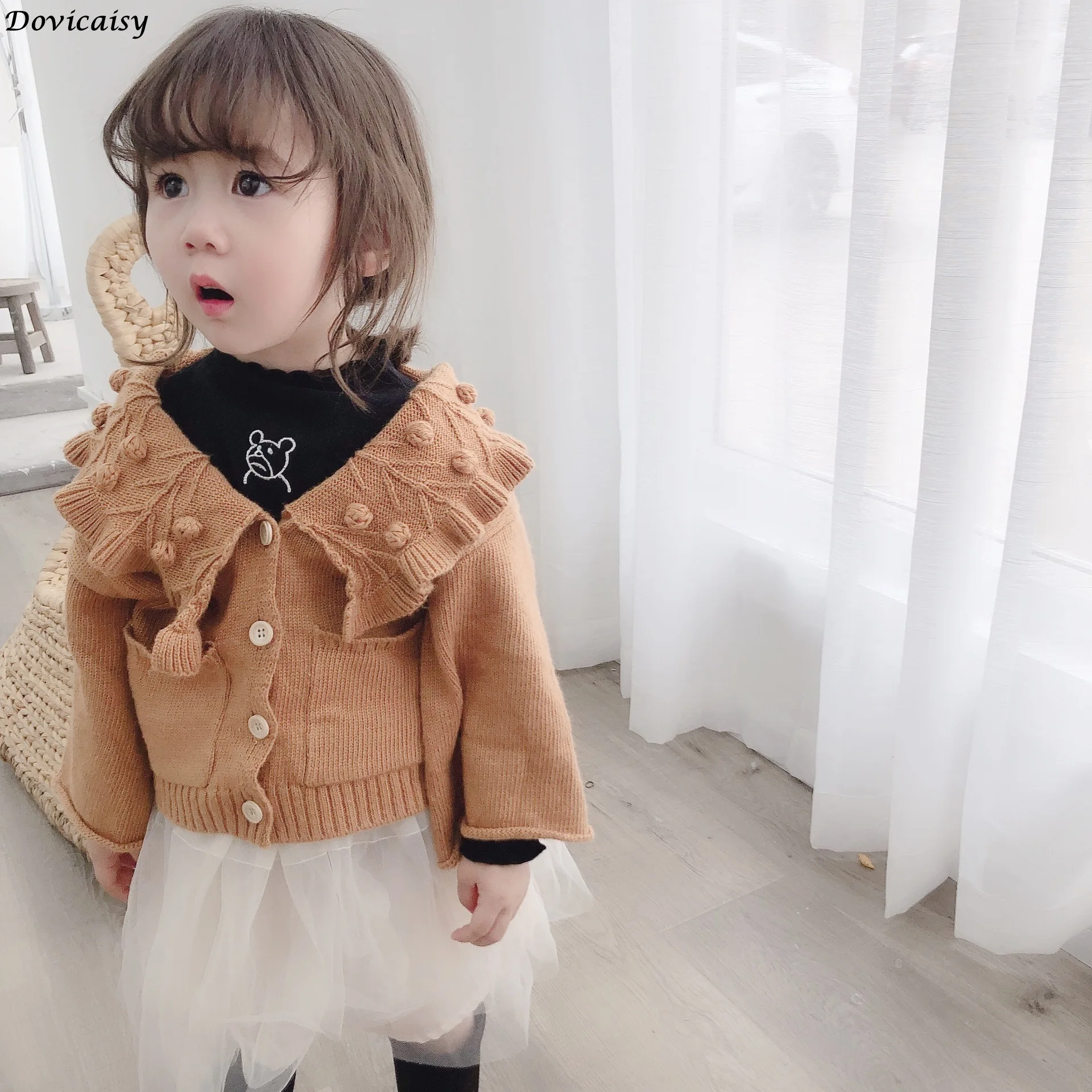 

Ruffles Neck Girls knit coat Sweater 2019 Fall Winter Toddler Baby Girls Cardigan Sweaters Hollow Out Knitted Chidlren Outwears