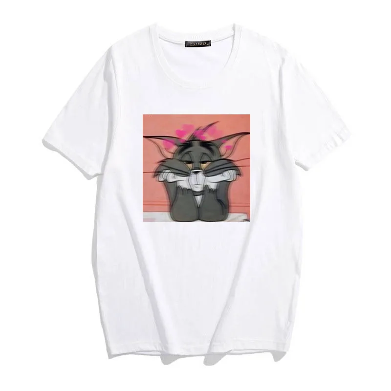 Новинка, Ulzzang, с рисунком кота, Тома, мышки, Джерри, свободные, повседневные, короткий рукав, забавный, милый, женский, с рисунком, летние топы, футболки, Harajuku, женская футболка