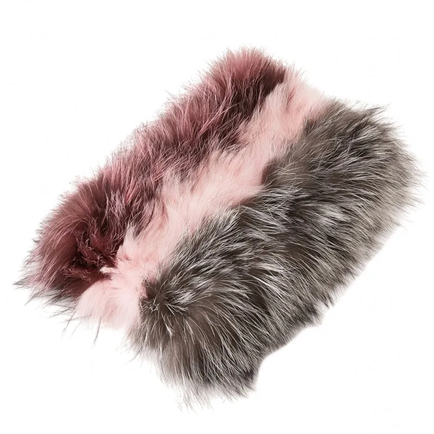 Quality female real fox fur scarf, pink and gray mixed round fur ring, temperamental fox fur shawl 22x70cm