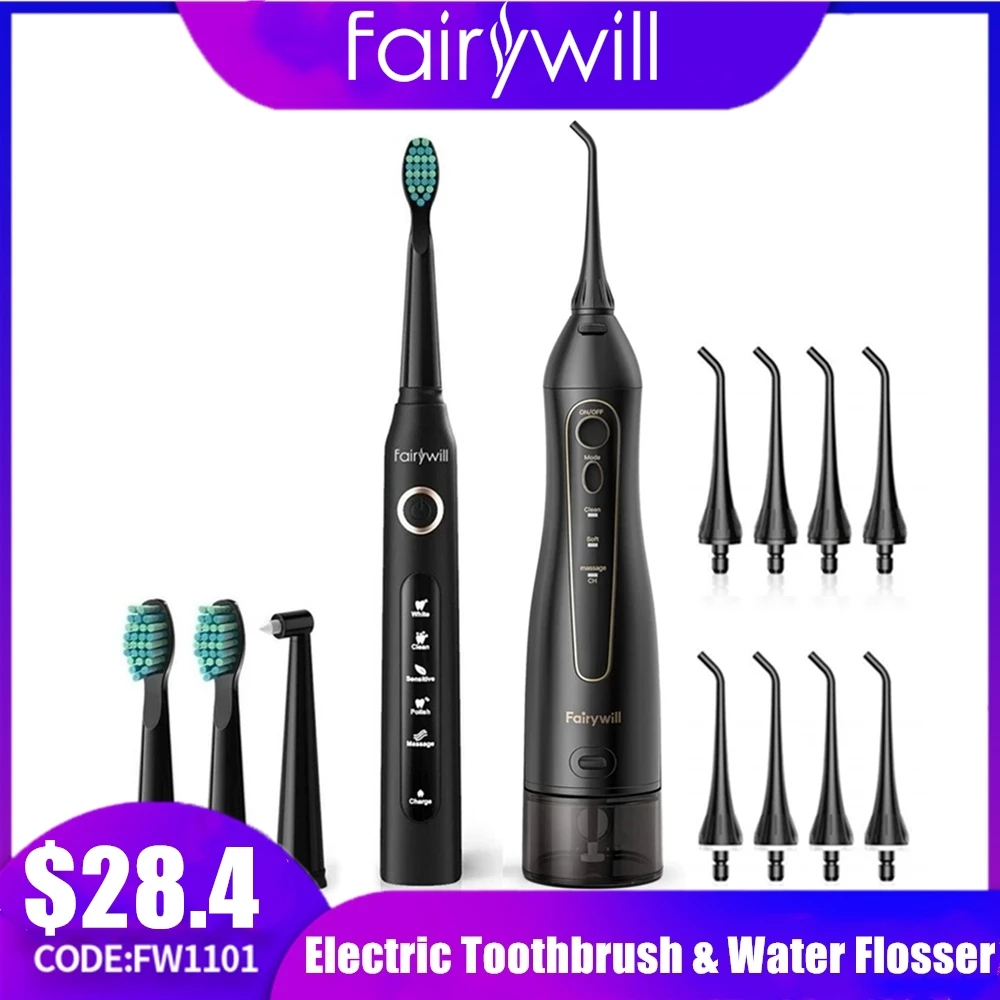Fairywill Electric Sonic Toothbrush & Water Flosser USB Charge Waterproof 5 Modes 3 Brush Heads Toothbrushes Teeth Cleaner