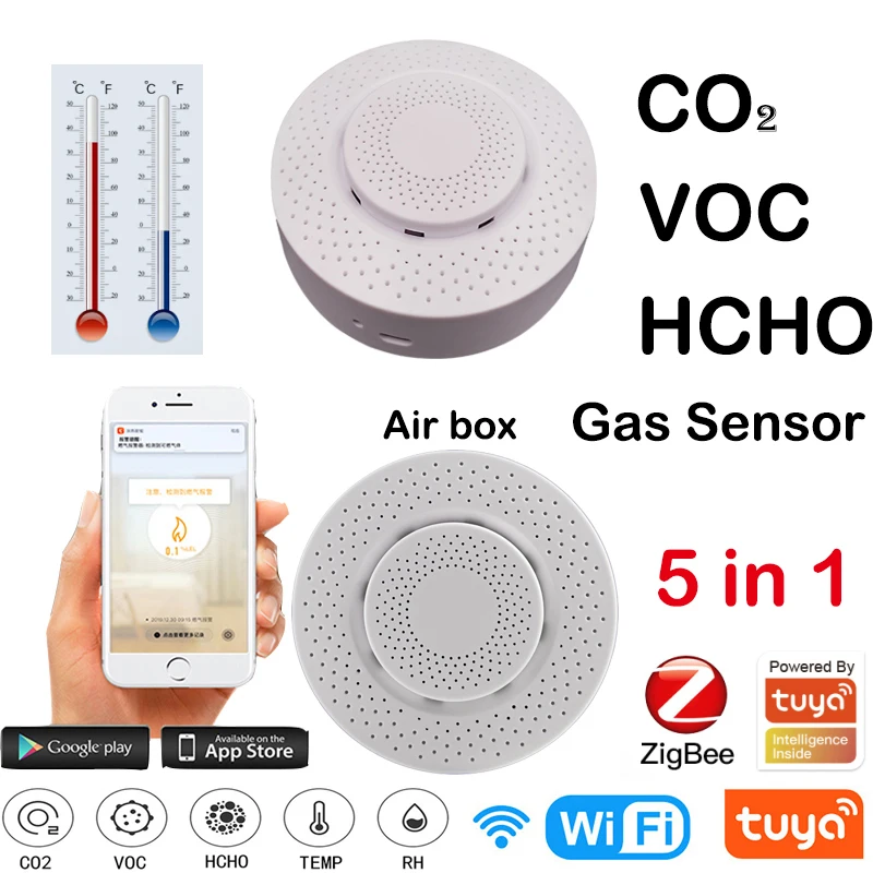 Wifi zigbee tuya inteligente dióxido de carbono Detector de CO2 gas sensor formaldehido COV de temperatura y humedad Sensor de control de la aplicación de la caja de aire