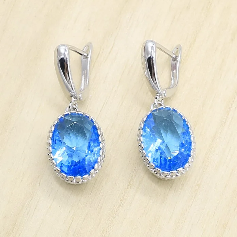 Овальный голубой кристалл 925 серебряные ювелирные наборы для женщин серьги кольца ожерелье Подарочная коробка для кулона