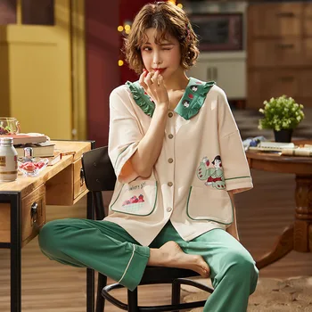 

Pajamas Suit Nightwear Homewear Sleepwear Women Print Cartoon Intimate Lingerie Cotton Summer New Sleep Set Home Clothing