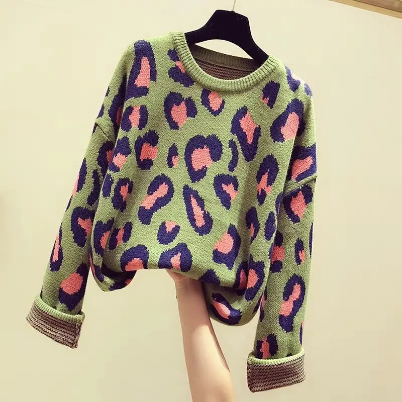 Высокое качество многоцветный женский свитер осень зима теплый пуловер жаккардовый Леопардовый джемпер вязаный толстый женский свитер Топ Jac