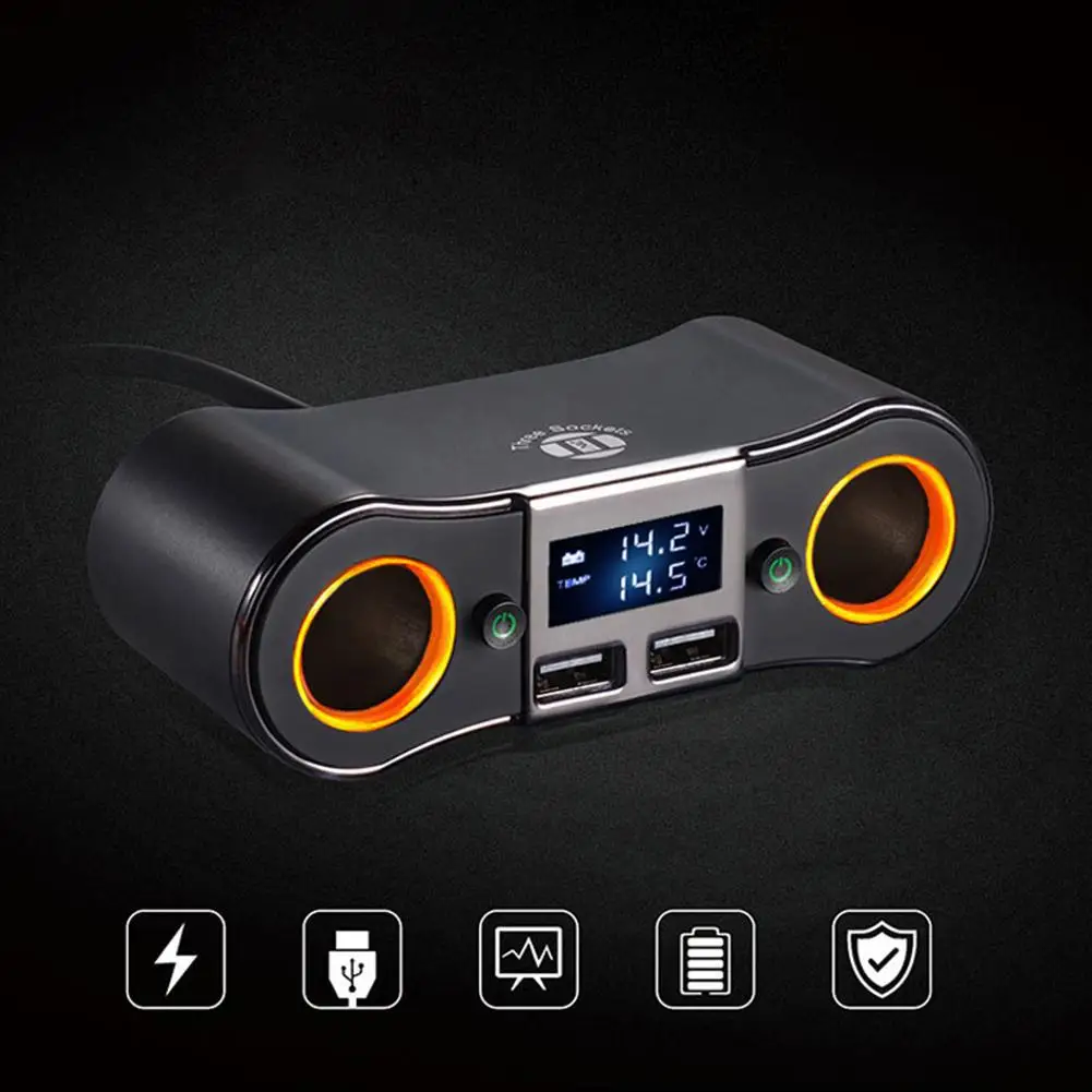 Автомобильный прикуриватель с двумя портами прикуривателя и двумя USB зарядными устройствами - Название цвета: Черный