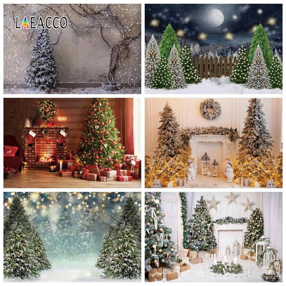 

Laeacco Christmas Backdrops Photography Pine Trees Fireplace Gifts Snow Winter Backgrounds Birthday Photophone For Photo Studio
