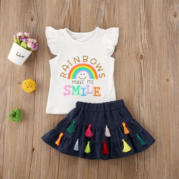 

1-5Y Baby Girls Clothing Sets 2 pcs Rainbow Print Ruffle Sleeve T-shirts Tops + Fringed denim skirts Set