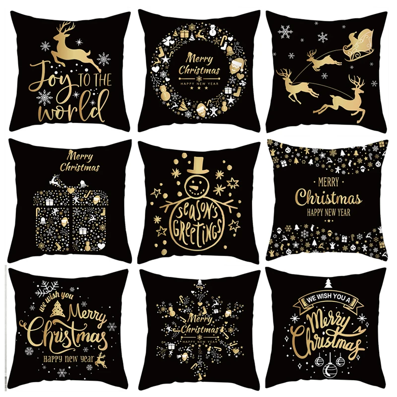 

Black Christmas Pillow Cover Reindeer Stars Print Cushion Cover Snowman Pillow case Merry Christmas Sofa Cushion Cover