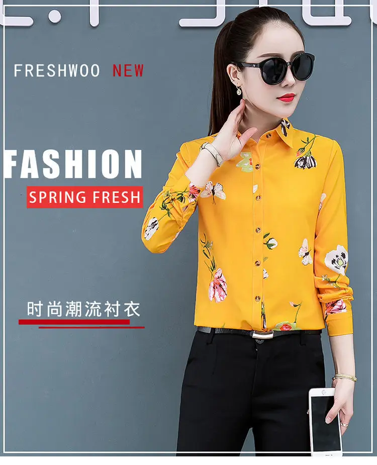 white blouse for women Plus Size Print Floral Women Shirt Spring Autumn New Korean Lapel Long Sleeves Slim Chiffon Blouses Fashion Yellow  Street Tops off the shoulder shirts & tops