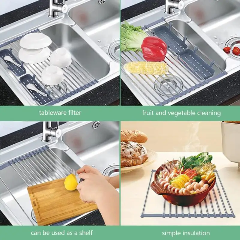 Foldable Kitchen Stainless Steel Sink Drain Rack Dish Drying Insert Storage Organizer Fruit Vegetable Drainer Basket | Дом и сад