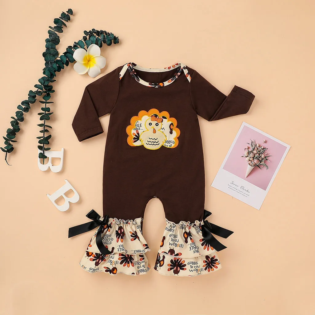 

2020 Children's bell bottoms romper Infant Baby Girls Long Sleeve Thanksgiving Cartoon Turkey Print Romper Jumpsuit fashion Y4
