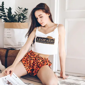 

Herislim 2020 Summer Women Pajamas Silk Print V Neck Sexy Pijamas 2 Pcs Pyjama Sling And Shorts Casual Female Pijamas Sleepwear