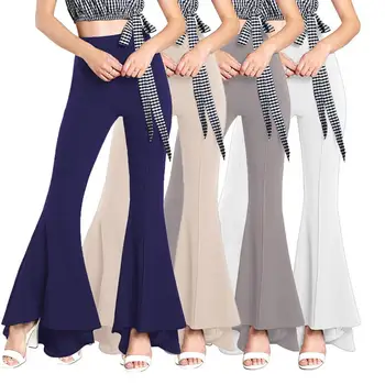 

Women Solid Color Elastic High Waist Wide Leg Pants Bell-Bottom Flare Trousers