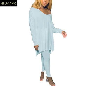 

Active Wear Workout Tracksuit Women's Set Deep V-neck Long Sleeve Loose Tops and Skinny Legging Autumn Casual 2pcs Matching Set