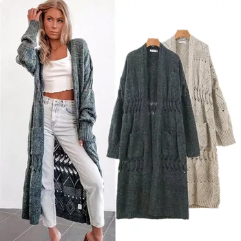 

Lugentolo Sweater Women Autumn and Winter New Openwork Cardigan Long Sleeve V-neck Solid Color Pockets Streetwear