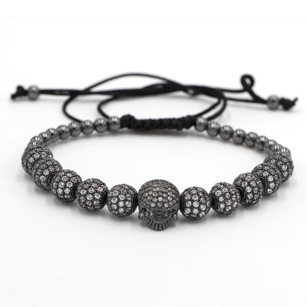 

Hip Hop Bracelet Men Strand CZ Bracelet Micro Pave CZ Skeleton Skull Black Rock Stone Energy Men European Buddha Jewelry