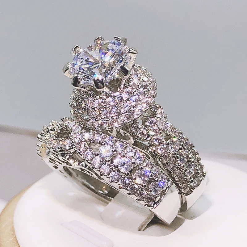 925 Silver Round Ring 2 pcs Set For Women Girls Wedding Engagement Party silver rings,silver ring,wedding rings