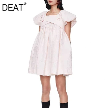 

LANMREM 2020 New Summer Women Vintage Loose High Waist Slim Was Thin Elegant Puff Sleeve Square Collar Dress ZA3995