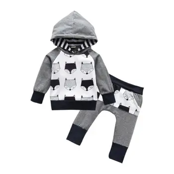 

Children's clothes Kids Baby Boy Clothing Cartoon Fox Print Hooded Sweatshirt Tops Hoodie + Long Pants Gray Toddlers Tracksuit