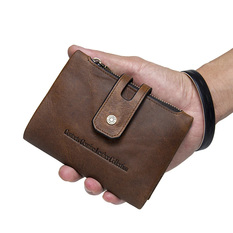 

Contact's Wallet Crazy Horse Genuine Leather Double Zipper Hasp Wallets Short Coin Purse Men Card Holders Male Portomonee Walet