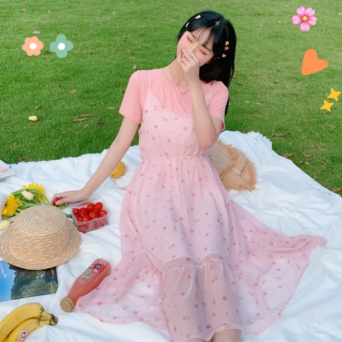 

Hipster Cherry Blossom Polka Dot Dress Mid-length Fairy Floral-Print Strapped Dress