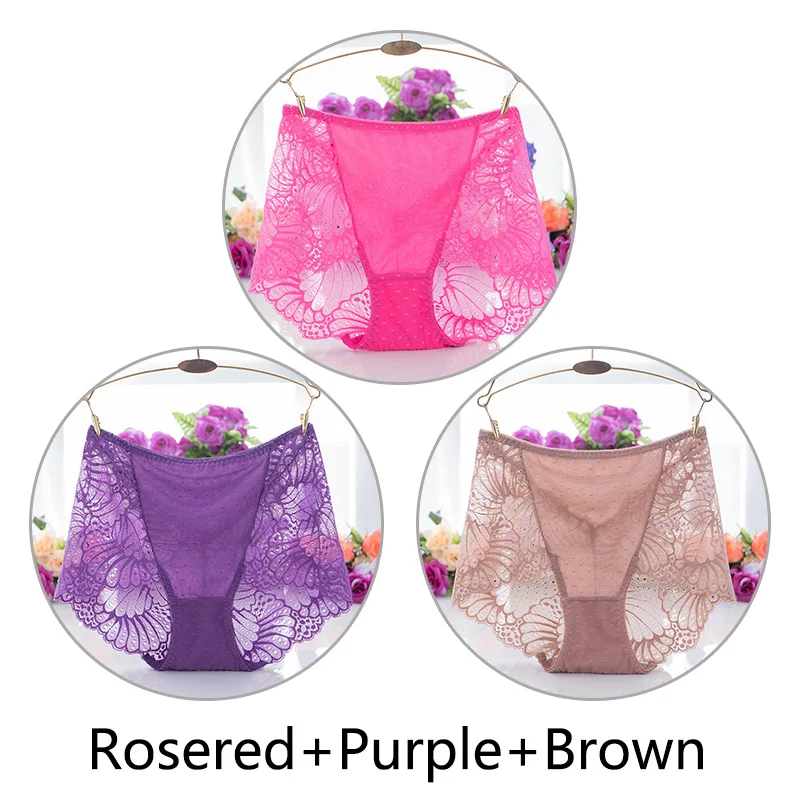 Rosered Purple Brown 3 шт., женское прозрачное кружевное нижнее белье, сексуальные бесшовные трусы с высокой талией, дышащее женское нижнее белье, M-XL размера плюс - Цвет: Rosered Purple Brown