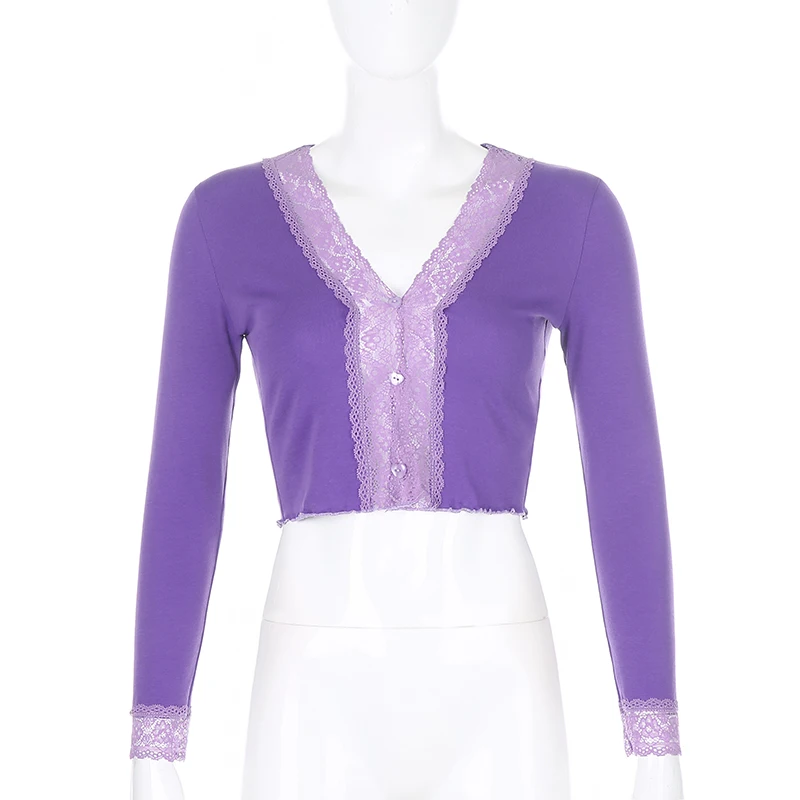 IAMSURE 2020 Autumn Fashion Lace Patchwork Women Cardigan Blouses Sexy V-Neck Fitness Aesthetic 90s Crop Top Shirt Streetwear