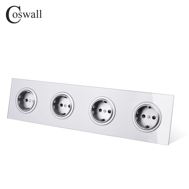 Coswall Gray Grey Crystal Tempered Glass Panel 4 Gang EU Standard Wall Socket Grounded With Child Protective Lock R11 Series