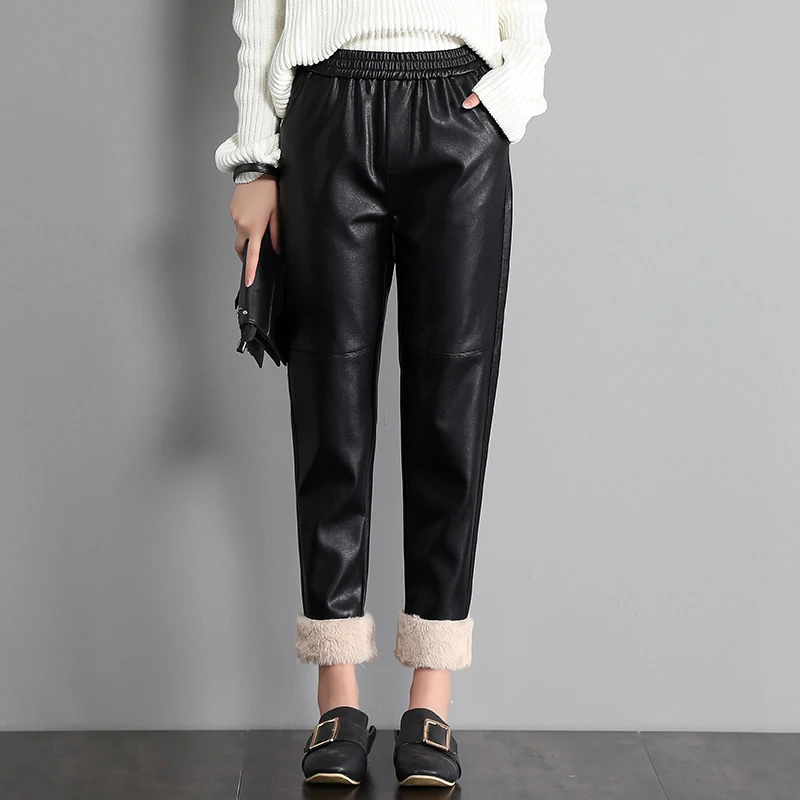 

Big sale Woolen fur stitching pu leather pants women's high waist warm thicker pu leather pants loose retro pants F23