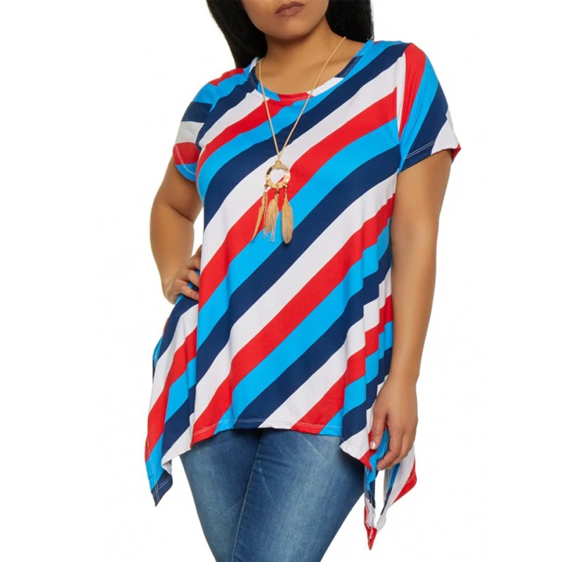 

Ladies 5XL Irregular Short Sleeve Female Tshirts Women Plus Size Clothes Female Clothing Print Stripe T-shirt 2020 New Summer