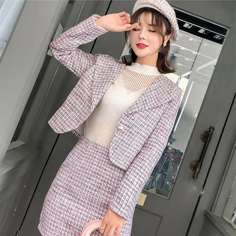 

Fall Runway Designer Tweed Two Piece Set Notched Single-Breasted 2 Piece Outfits Turn-Down Collar Plaid Long Sleeve Womne's Set