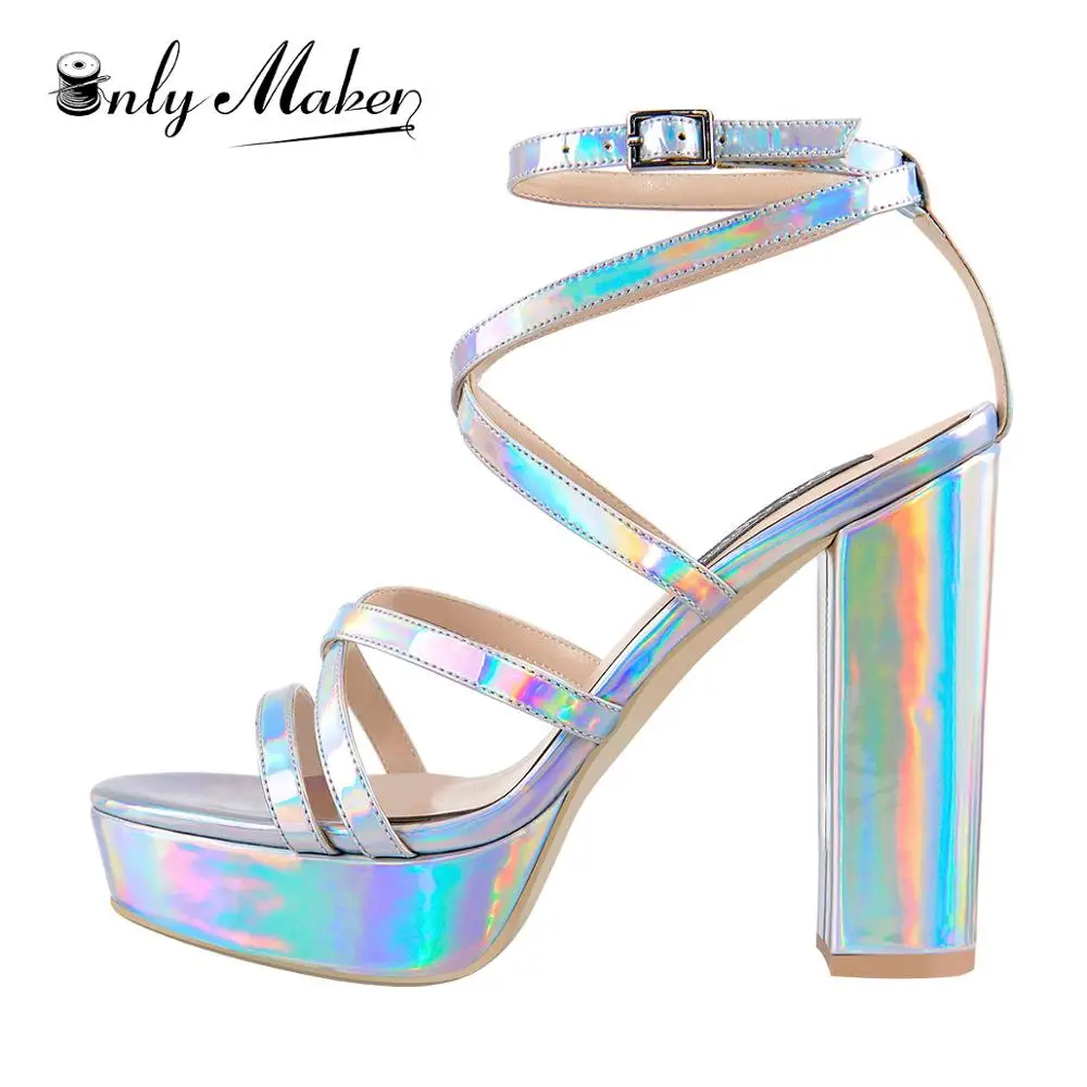 

Onlymaker Women's 2020 NEW Sexy Sandals Holographic Open Toe Platform Cross Ankle Strap Chunky Square Heels Sandals Size US15