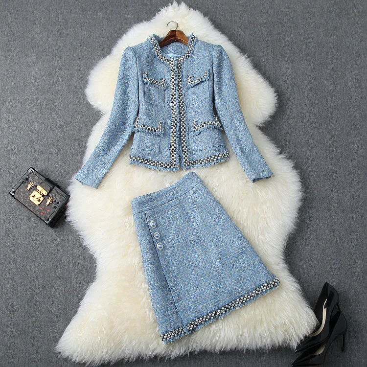 

Autumn 2019 new European and American women's wear Long sleeve beaded coat skirts Fashionable tweed suit