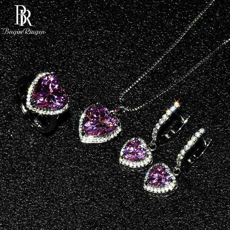 Bague Ringen Charms Silver 925 Jewelry Sets Delicate Heart shaped Gemstone Female Resizable Ring Earrings Necklace Wholesale | Украшения и