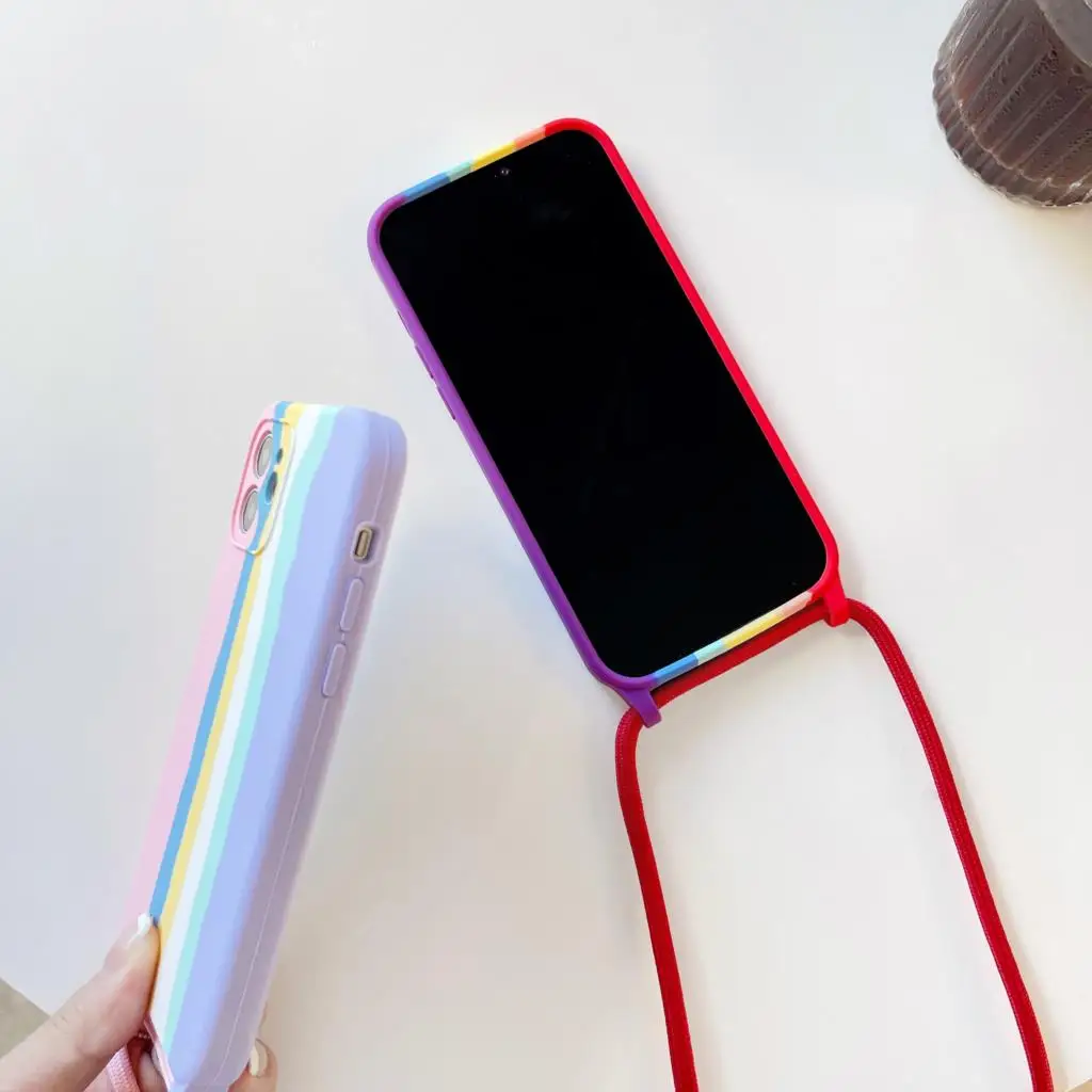 Liquid Silicone Hang Neck Strap Lanyard Case For iPhone 13 12 Mini 11 Pro Max XS X XR 6 6S 7 8 Plus Candy Colorful Rainbow Cover apple iphone 11 Pro Max case