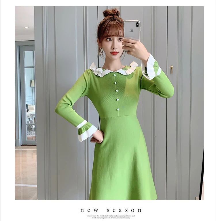 Jielur Langarm Gestrickte Kleid Warme Puppe Kragen Elegante Frauen Herbst Winter Mode Schlank Süße Schwarz Grün Pullover Kleider – Detail 9