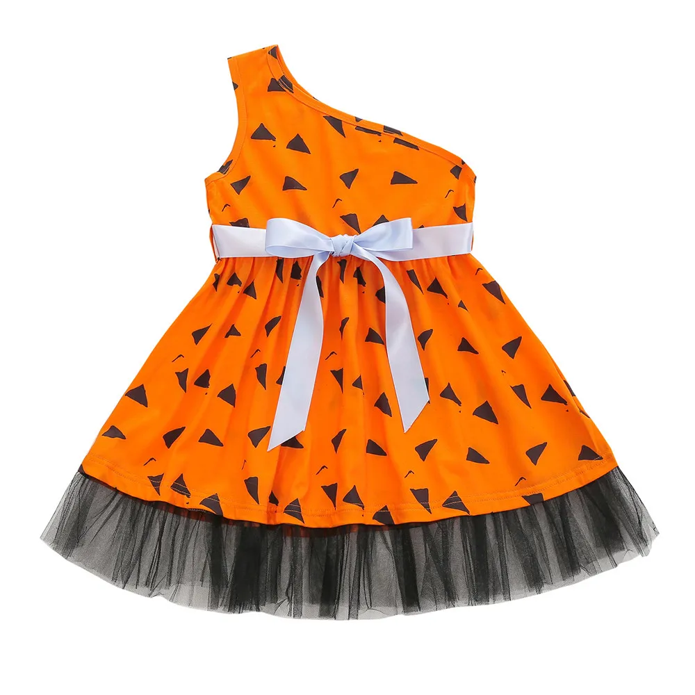 Infant Baby Girls Slanted Shoulder Dress With Bow Belt, Halloween