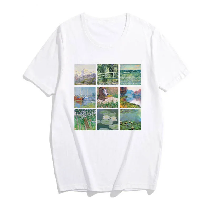 Женская футболка в винтажном стиле с рисунком из мультфильма "Monet art", летняя мода, мягкий гранж, эстетический принт, круглый вырез, крутой, Harajuk Chic, повседневные топы