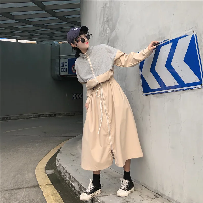 Осень, стиль, Harajuku стиль, стоячий воротник, BF, Свободное пальто, повседневное Спортивное приталенное облегающее пальто средней длины, Женский Тренч F