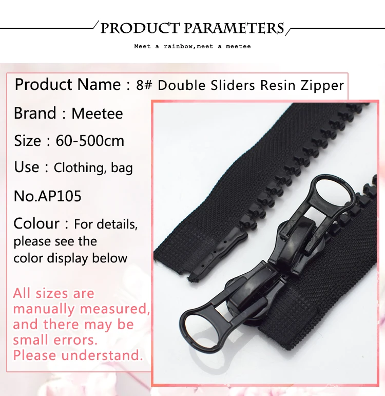 Meetee 2pcs 60-500cm 8# Double/Single Sliders Resin Zipper Open-End Auto Lock Zip DIY Down Jacket Tent Sewing Costume Accessory