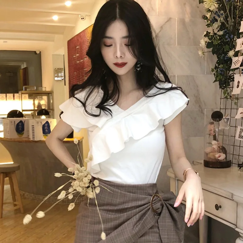 Women White Blouses Off Shoulder Sexy Summer Slim Fit Elegant Tops Female Slash Neck Ruffle Shirt Tops 2