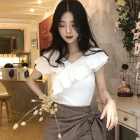 Women White Blouses Off Shoulder Sexy Summer Slim Fit Elegant Tops Female Slash Neck Ruffle Shirt Tops 2