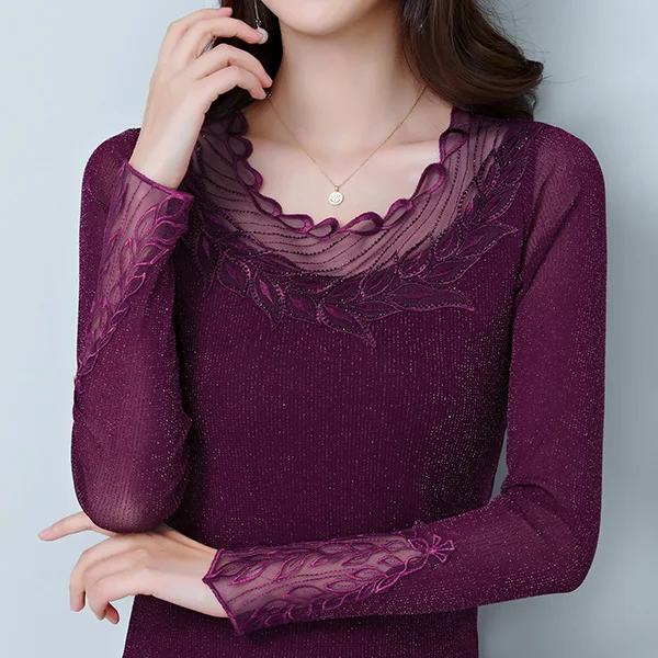 Фиолетовый Blusas mujer de moda Осенняя Сетчатая футболка с длинными рукавами модная повседневная открытая Футболка женская рубашка большого размера Женская рубашка - Цвет: Фиолетовый