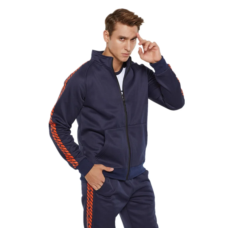 Модные тенденции осень Для Мужчин's комплект однотонной одежды принт Slim Fit Спортивные костюмы Для мужчин Повседневное Zip стенд толстовки с воротником+ брюки Для мужчин